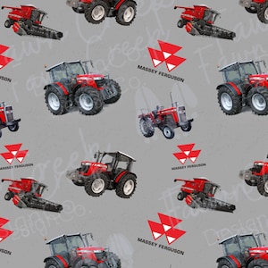 May include: A seamless pattern featuring red tractors and combines with the Massey Ferguson logo on a gray background.