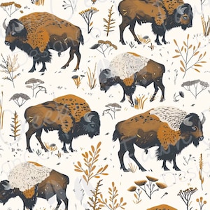 Puede incluir: Patrón repetitivo con bisontes en tonos marrón, negro y blanco sobre un fondo crema. Los bisontes están representados de forma estilizada e ilustrativa, con detalles de pelaje y cuernos. El diseño incluye elementos botánicos.