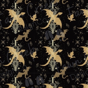 May include: A seamless pattern featuring gold dragons flying against a black background with gold stars and other celestial elements. The dragons are outlined in gold and have a subtle gradient.