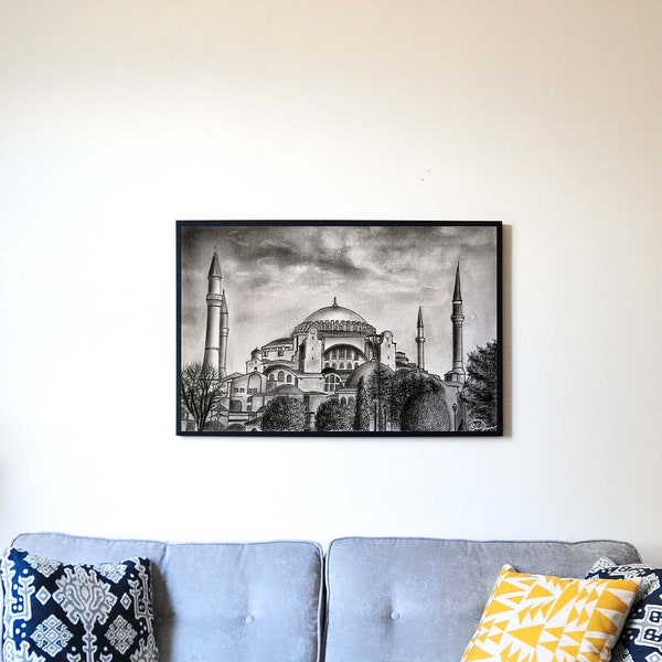 Istanbul Hagia Sophia Mosque, Charcoal Drawing, Original Sketch, Charcoal Temple, İstanbul Wall Art, Handmade Art Painting, Hagia Sophia