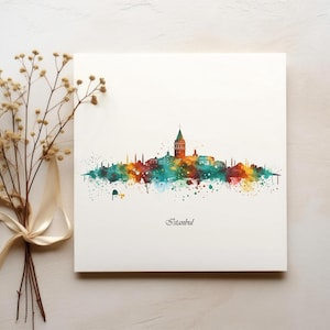 Watercolor Galata Tower Skyline Print Art, Istanbul Wall Art, Istanbul Turkey, Galata Tower, Istanbul Print, City Silhouette, Europe Artwork