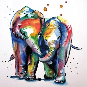 Aquarell Liebesmalerei von Elefanten, Elefantenfamilie, Elefantenmalerei, bunter Elefant, afrikanischer Elefantenkunst, abstrakter Elefant