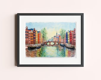 Original Amsterdam Watercolor Painting | Holland Canal Houses Art | Netherlands Wall Decor | European Cityscape | Dutch Travel Gift