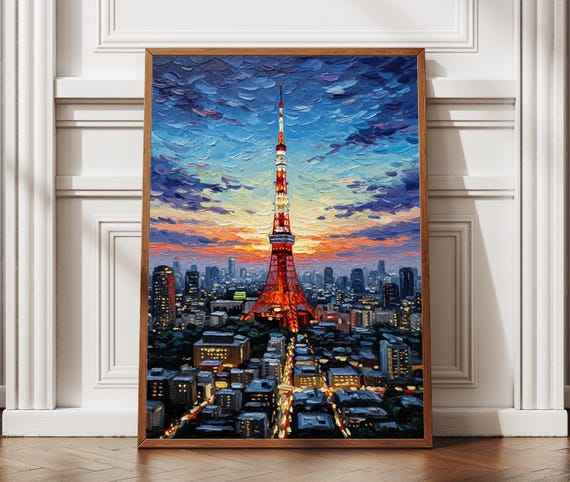 Tokyo Tower Sunset and Evening Lights Oil Painting Textured Style