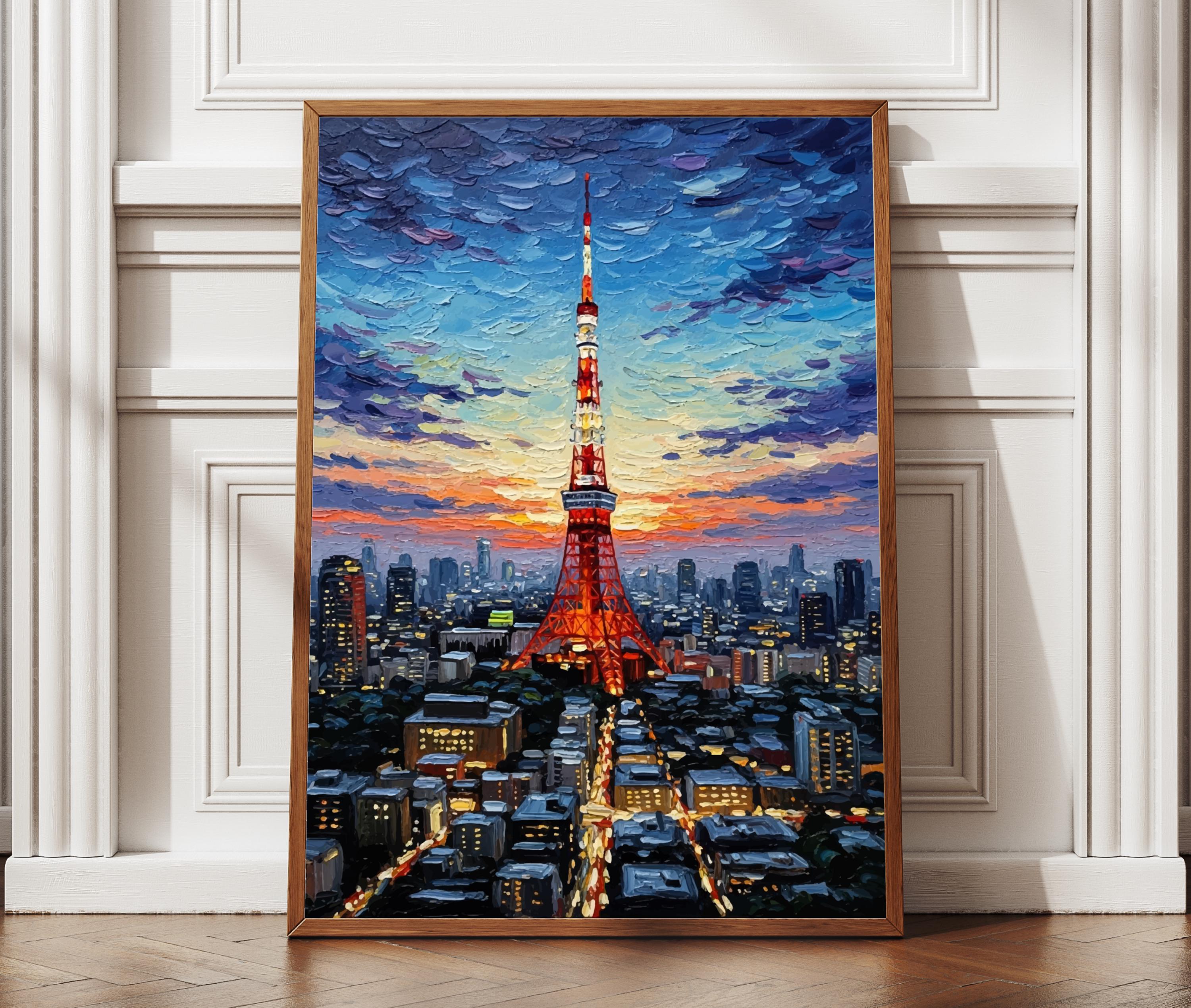 Tokyo Tower Sunset and Evening Lights Oil Painting Textured Style