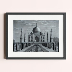Handmade Original Charcoal Drawing Taj Mahal Mausoleum India Travel Art image 1