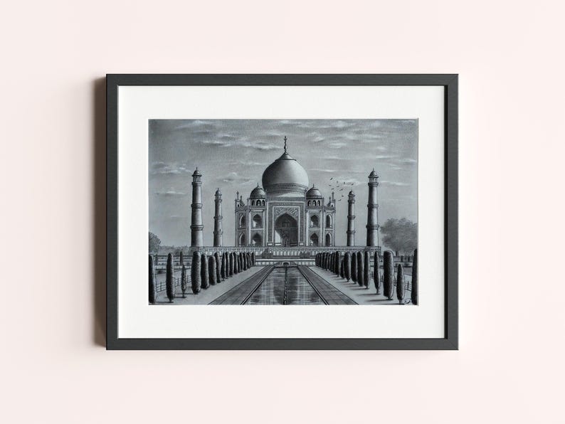Handmade Original Charcoal Drawing Taj Mahal Mausoleum India Travel Art image 1