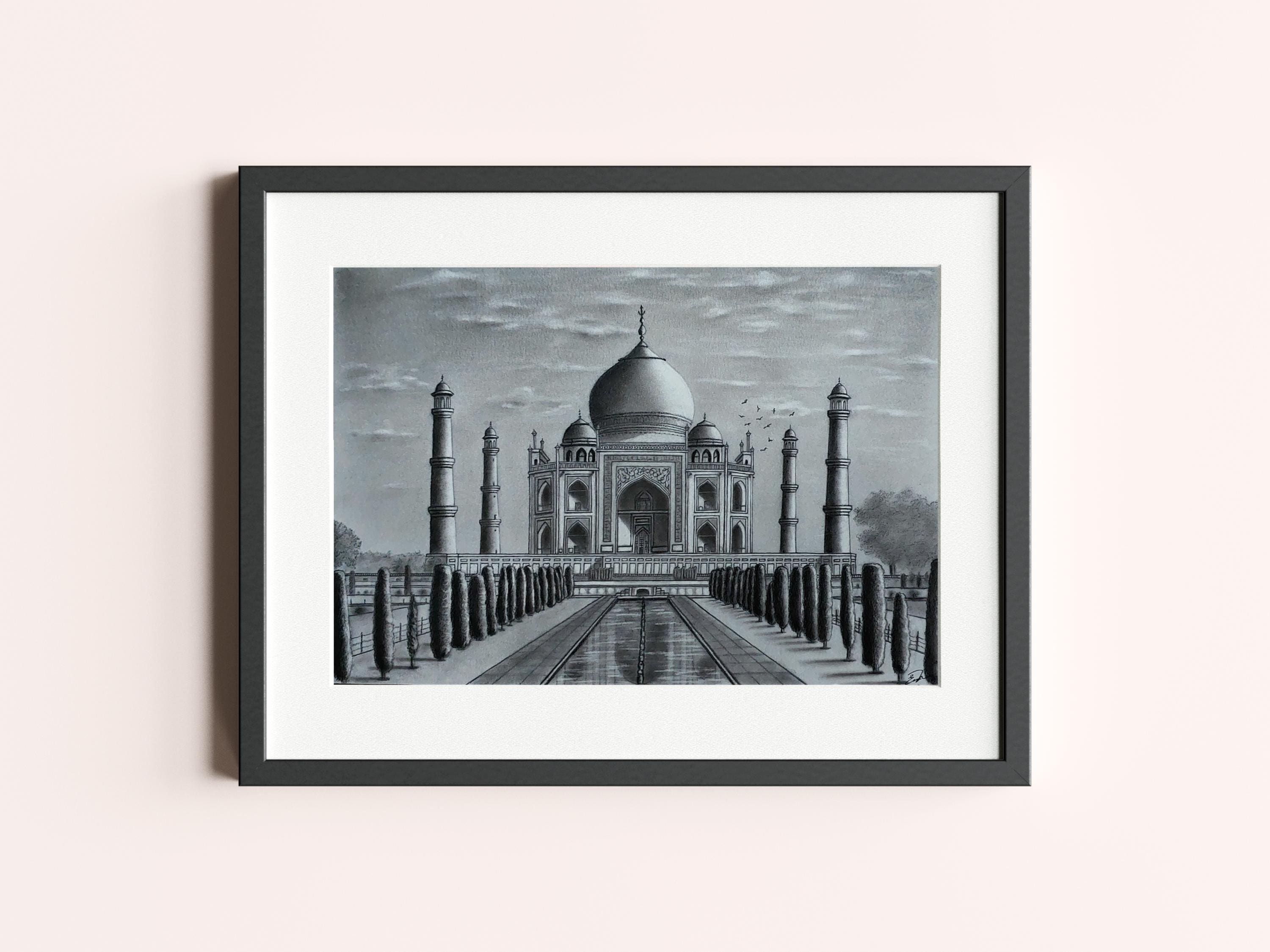 Dibujo original a carbón hecho a mano del Mausoleo del Taj Mahal
