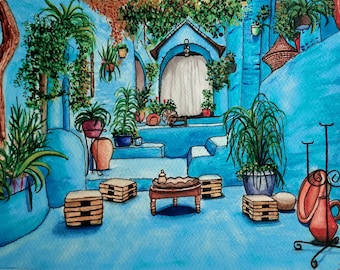 Chefchaouen Original Handmade Watercolor Art Moroccan Wall Decoration (A4)
