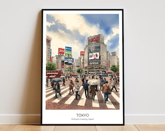 Tokyo Shibuya Crossing Watercolor Art Print Japan Travel Poster (Home Office Digital Download)