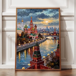 May include: A framed painting of a cityscape featuring a river, buildings, and a sunset. The artwork showcases a vibrant color palette with reds, blues, and yellows. The buildings have onion domes and the painting is in a wooden frame.