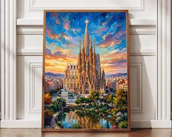 Póster de viaje de España con pintura al óleo texturizada de la Basílica de la Sagrada Familia de Barcelona (descarga digital para el hogar y la oficina)