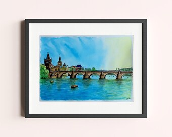 油絵チエコ、カレル橋 カレル橋と旧市街の風景 プラハの風景