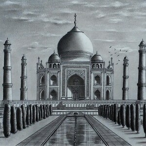 May include: A black and white pencil drawing of the Taj Mahal, a famous mausoleum in India. The drawing depicts the intricate details of the building, including the dome, minarets, and arches. The drawing is set against a cloudy sky.