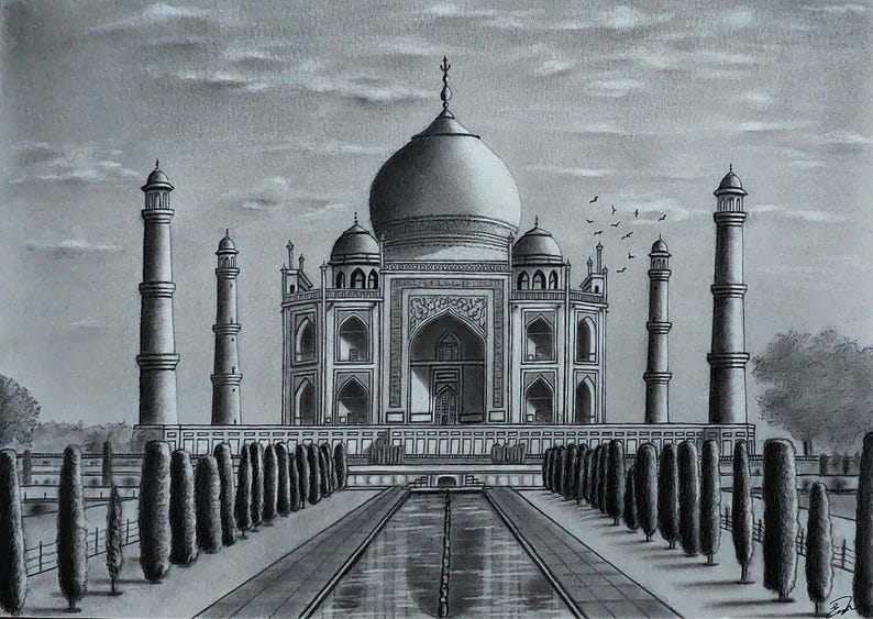 May include: A black and white pencil drawing of the Taj Mahal, a famous mausoleum in India. The drawing depicts the intricate details of the building, including the dome, minarets, and arches. The drawing is set against a cloudy sky.