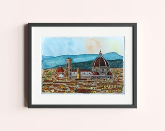 Florence Duomo Cathedral View Original Handmade Watercolor Painting Italy Travel Art