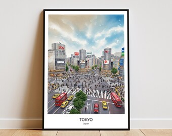 Shibuya Crossing Watercolor Print Tokyo Japan Travel Poster (Home Office Digital Download)