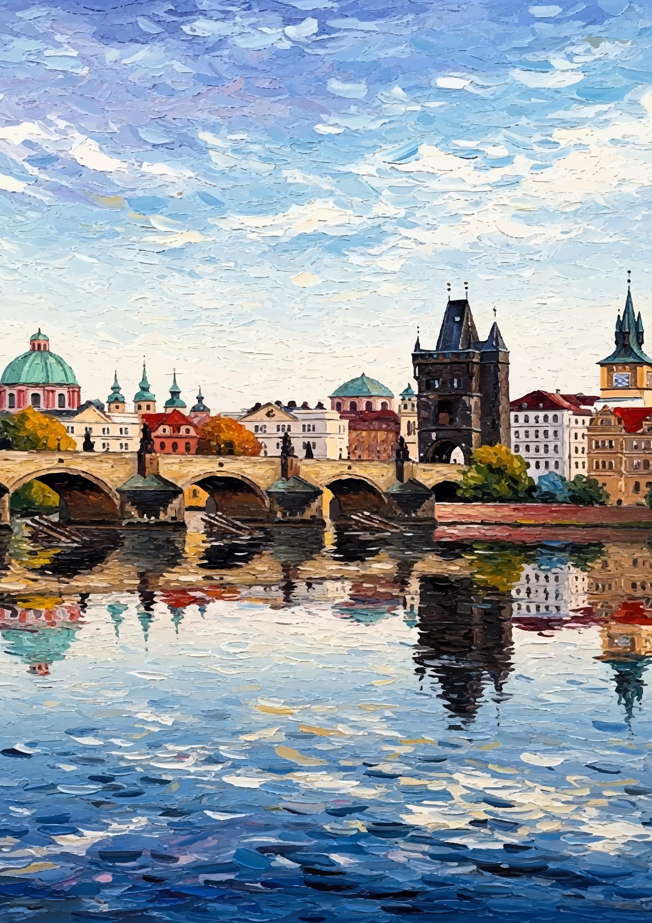 プラハ・カレル橋の油絵テクスチャプリントアートチェコ旅行ポスター