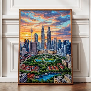 Kuala Lumpur Poster, Malaysia Wall Art, Oil Painting Digital Print, Petronas Towers Decor, KL Skyline Art, Southeast Asia Gift