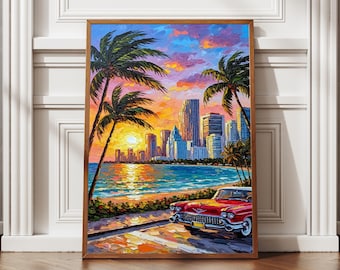 USA Miami, dipinto ad olio, stampa con texture, arte retrò, Miami City Beach, poster di viaggio (download digitale per casa/ufficio)