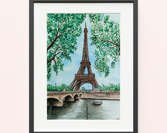 エッフェル塔の水彩画：パリの春の美術 - Etsy 日本