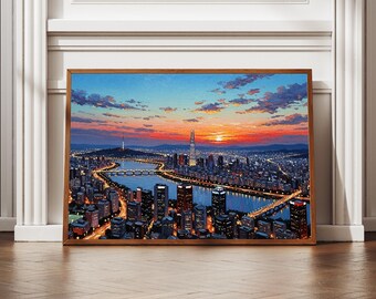 Seoul Cityscape Oil Painting Print | South Korea Landscape Wall Art (Digital Download)