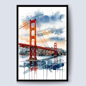 Watercolor USA Golden Gate Bridge Digital Print, Golden Gate Bridge, Golden Gate, Golden Gate Print, Golden Gate Art, San Francisco Bridge