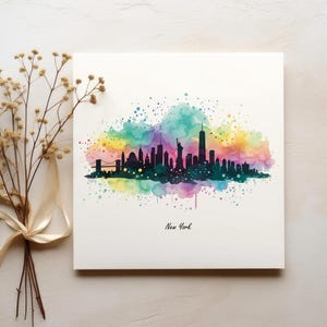 Watercolor New York City Skyline Art Print: Nightscape Silhouette (Digital Download)