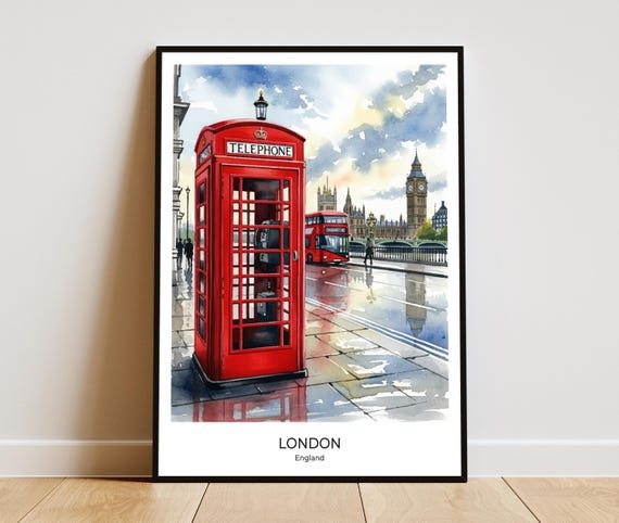 ロンドンの赤い電話ボックスのウォールアート | イギリスの水彩画旅行