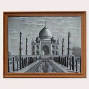 Handmade Original Charcoal Drawing Taj Mahal Mausoleum India Travel Art image 7