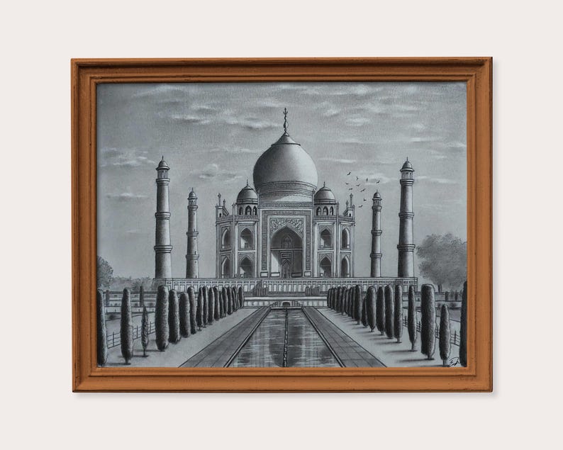 Handmade Original Charcoal Drawing Taj Mahal Mausoleum India Travel Art image 7