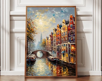 Stampa artistica di un dipinto ad olio del canale di Amsterdam, poster di viaggio dei Paesi Bassi (download digitale)