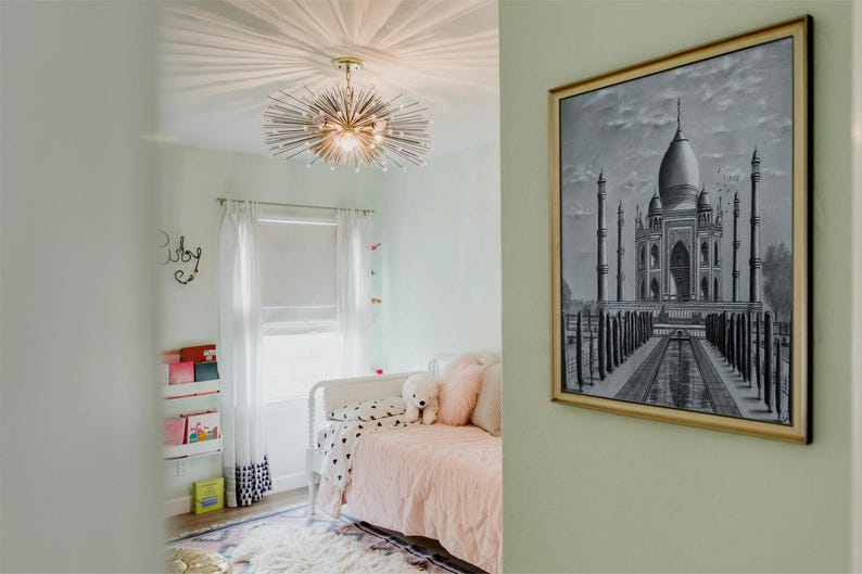 Handmade Original Charcoal Drawing Taj Mahal Mausoleum India Travel Art image 3