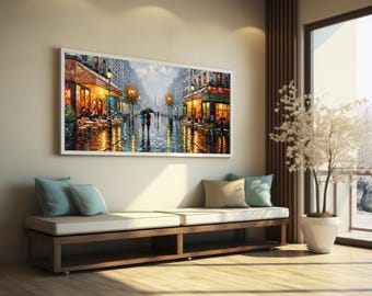 Rainy Paris Street Panorama, Vintage French Cafe Oil Painting