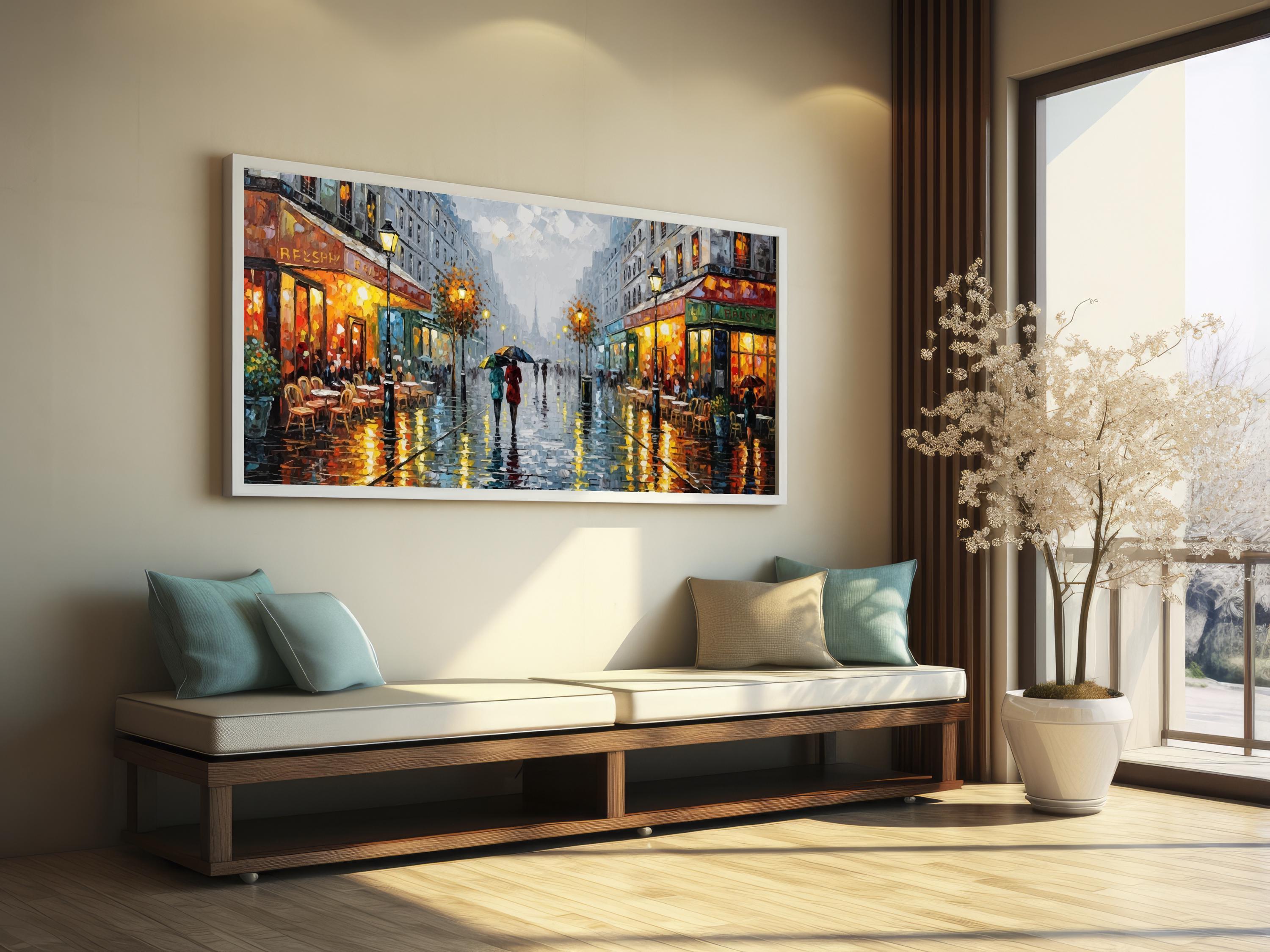 Rainy Paris Street Panorama, Vintage French Cafe Oil Painting