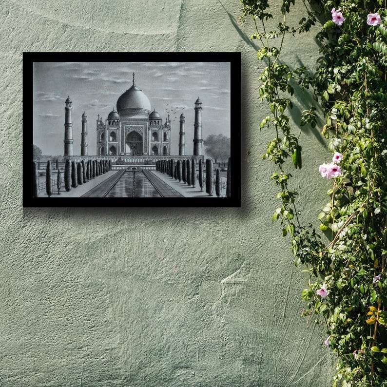 May include: A black and white pencil drawing of the Taj Mahal, a famous mausoleum in India. The drawing depicts the intricate details of the building, including the minarets and the central dome.