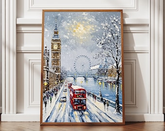 Big Ben Winter Wall Art, Londra innevata, stampabile, texture effetto pittura ad olio, poster digitale di viaggio, paesaggio urbano del Regno Unito