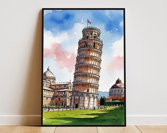 Leaning Tower of Pisa Poster | Italy Wall Art | Watercolor Digital Printing | Tuscan Decor | Landmark Travel Gift | Instant Download