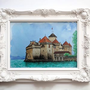 Chateau de Chillon (zamek) akwarela, sztuka szwajcarska, sztuka ścienna w Szwajcarii, dzieło sztuki zamku, średniowieczny zamek, malarstwo zamkowe, prezent dla miłośnika historii