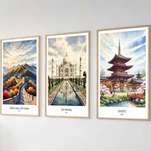 Asian Grandeur Set of 3 Prints Great Wall of China Taj Mahal Kyoto Architecture Minimalist Watercolor Art