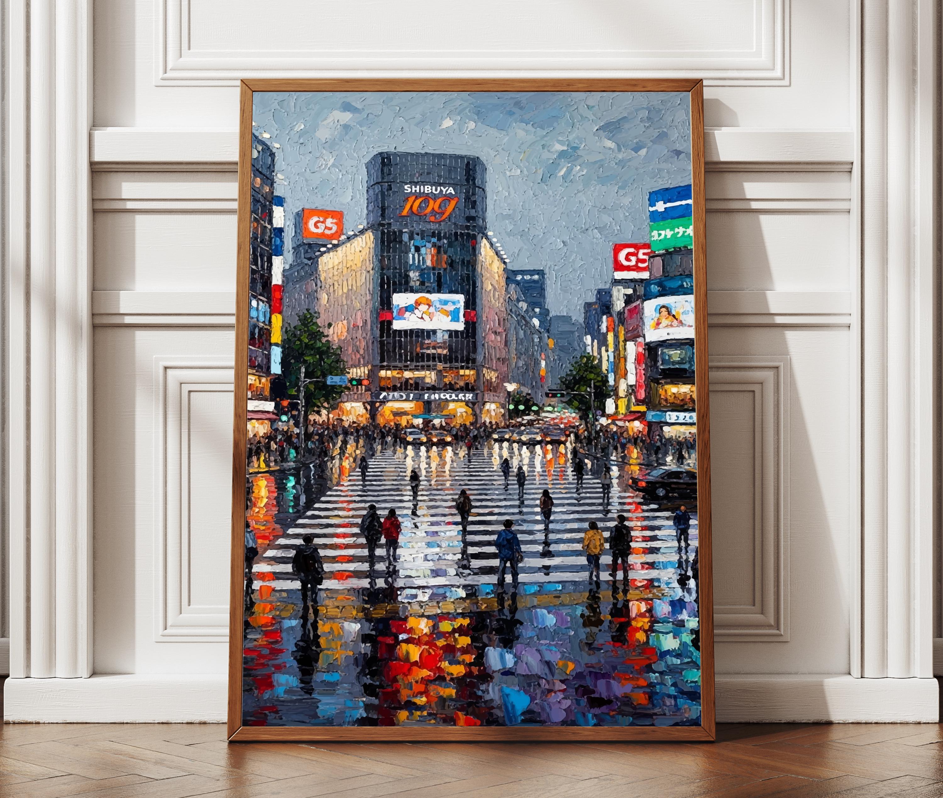 絵画 Tokyo 360 art Tokyo Night Shibuya Crossing Oil Painting Textured Style Print Art