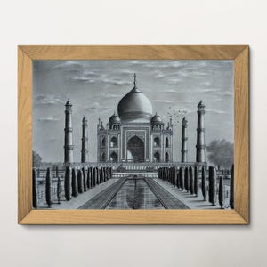 Handmade Original Charcoal Drawing Taj Mahal Mausoleum India Travel Art image 2