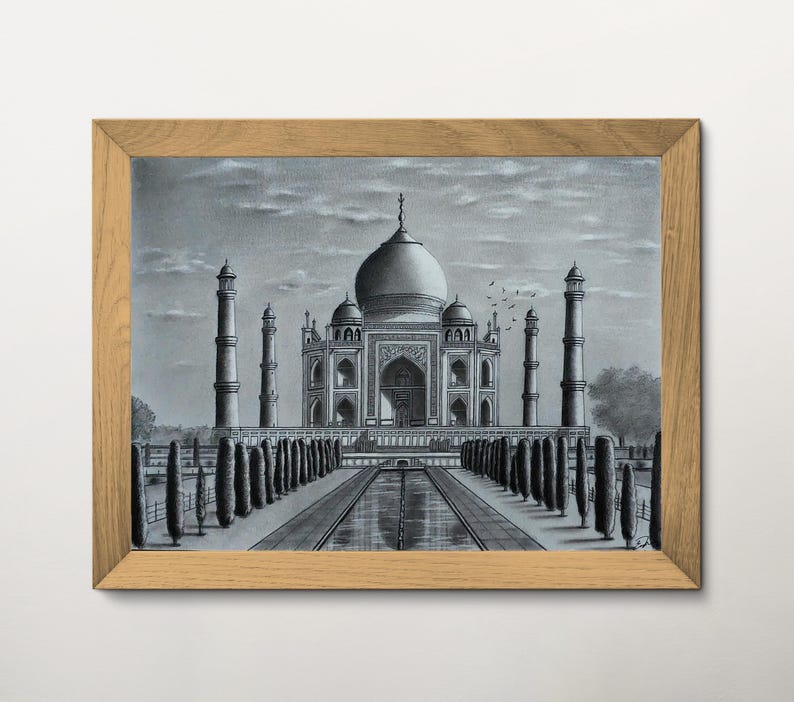 Handmade Original Charcoal Drawing Taj Mahal Mausoleum India Travel Art image 2