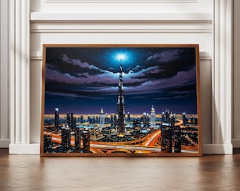 Burj Khalifa Dubai Art | UAE Travel Poster | Luxury Cityscape Print | Oil Painting Style Architecture | Middle Eastern Decor