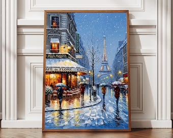 Eiffel Tower Winter Art Snowy Paris Printable Textured Oil Painting Style Digital Travel Poster France Cityscape Download