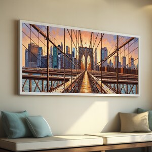 Lámina de pintura al óleo del Puente de Brooklyn, panorama del horizonte de Nueva York (descarga digital)