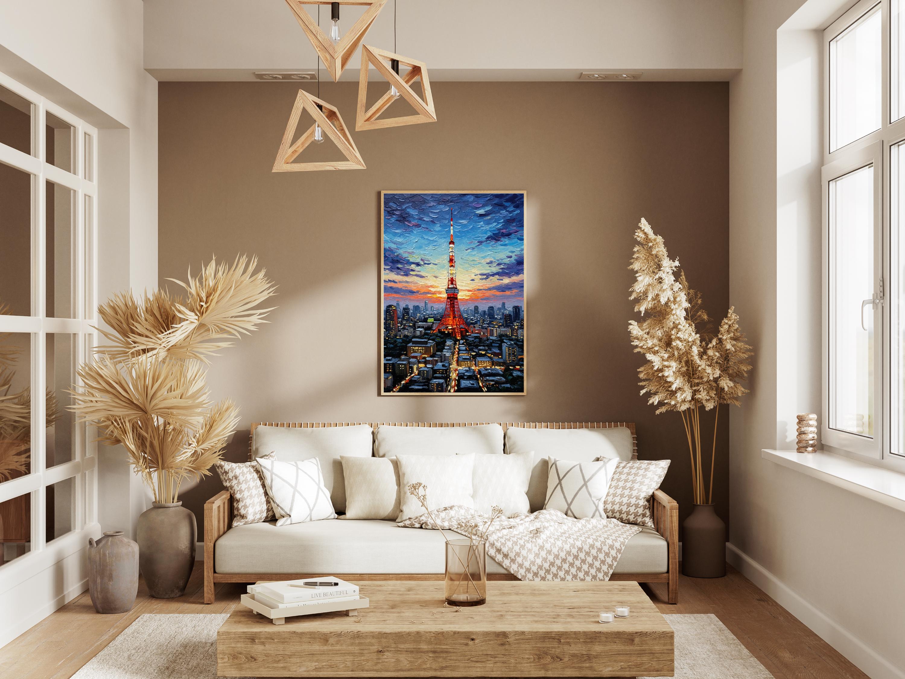 Tokyo Tower Sunset and Evening Lights Oil Painting Textured Style