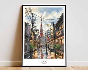 Tokyo Tower Watercolor Print Japan Travel Poster Art (Home Office Digital Download)