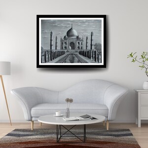 May include: A black and white pencil drawing of the Taj Mahal, a famous mausoleum in India. The drawing shows the building's intricate details and symmetrical design, with a reflecting pool in the foreground.