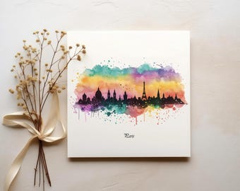 Watercolor Paris Night Skyline Print Art, Paris Watercolor, Paris Landscape, City Silhouette, Parisian Wall Art, Paris Travel Poster, Paris